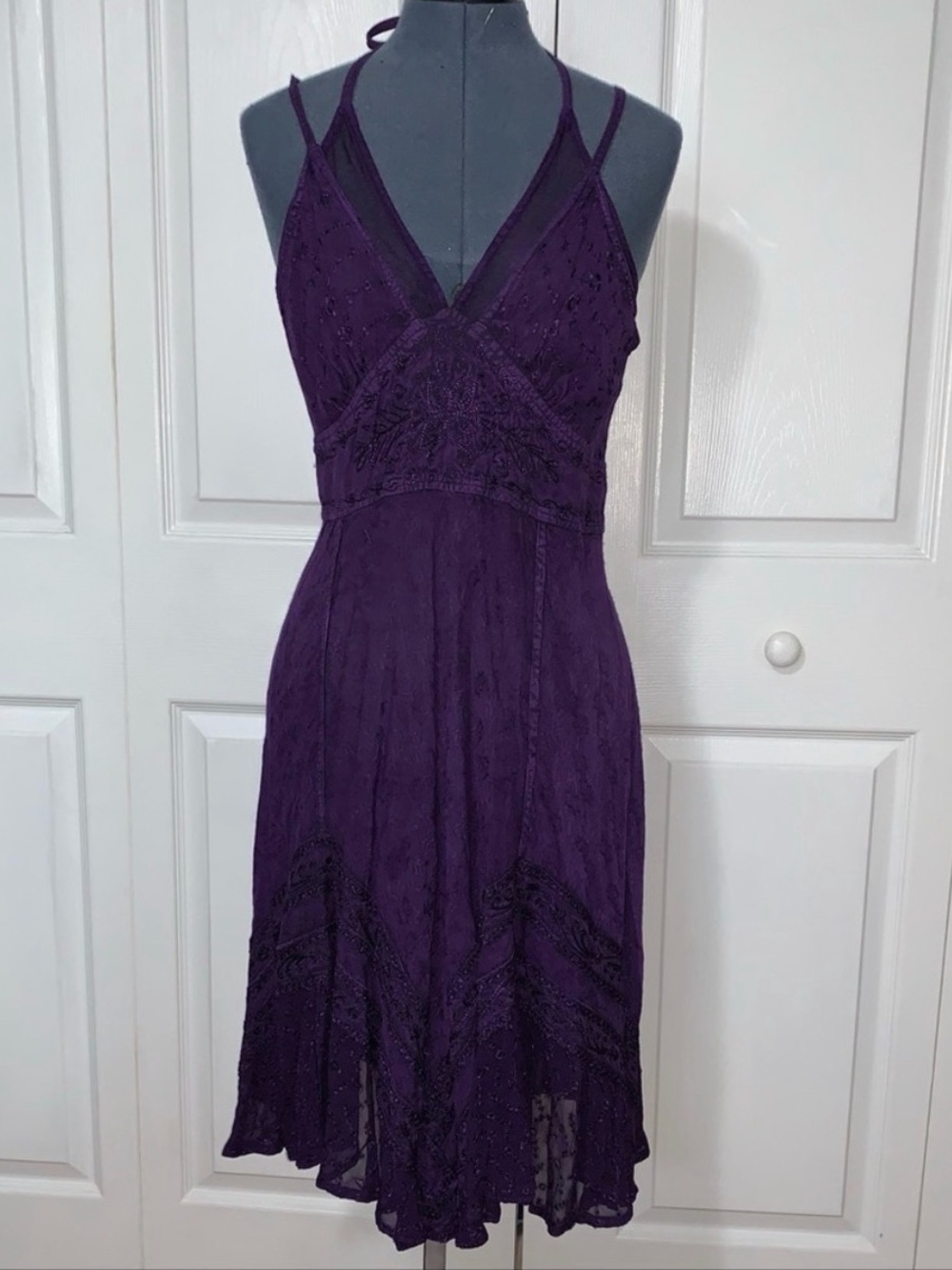 Purple Lace-Detail V-Neck Women's Dress